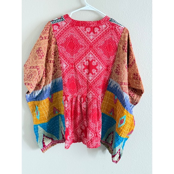 Savanna Jane Mixed Print Embroidered Boho Top Red Orange Kimono Sleeve V-Neck - Picture 3 of 4